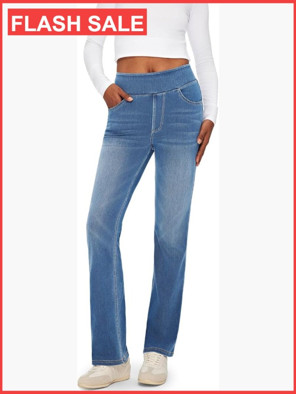 High Rise Stretchy Bootcut Jeans Women Pull On Elastic Waist Denim